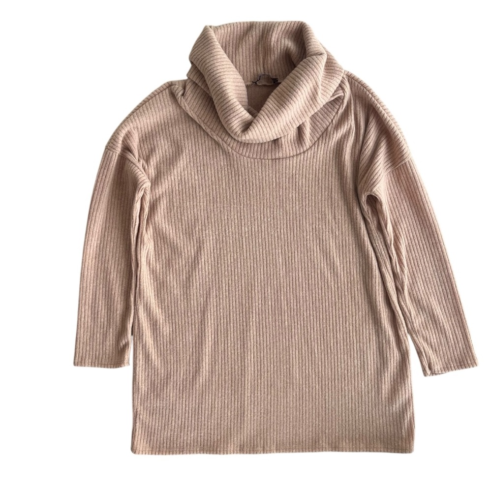 BOMBOM Women’s Med. Tan Ribbed Oversized Cowl Neck Knit Sweater Tunic Top TL1513